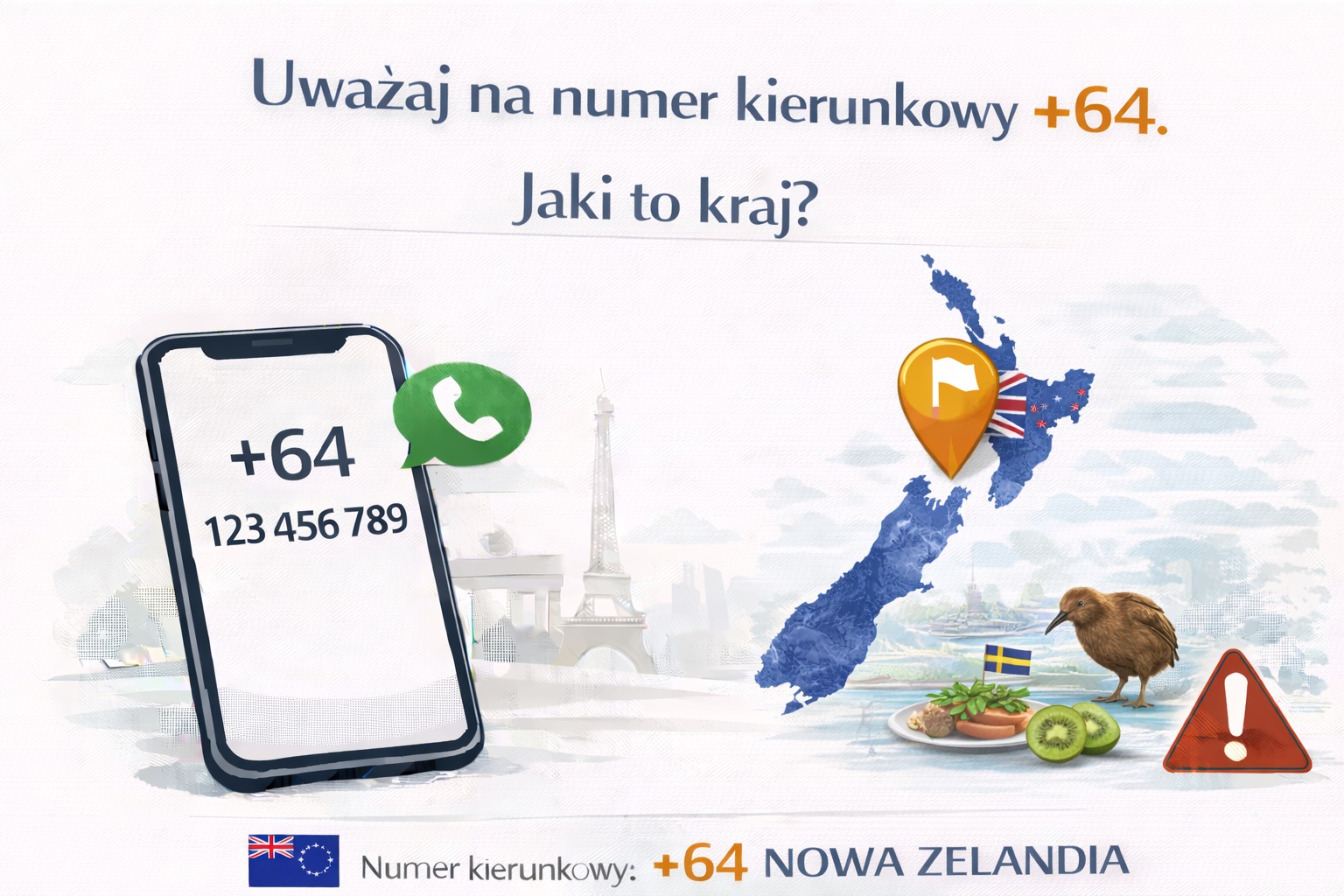 Uważaj na numer kierunkowy +64. Jaki to kraj?